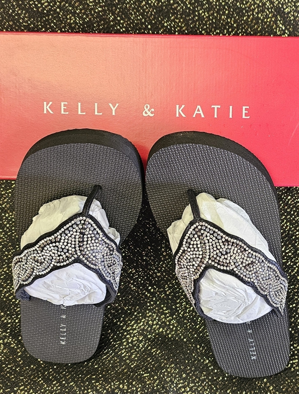 Kelly & Katie Black Rhinestone Flip Flops
